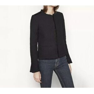 Maje Vala Fringe Jacket, Black Boucle/ Velvet Trim,  size 36 / US 6